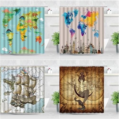 World Map Shower Curtains Cartoon Animal Retro Nautical Sailing Mermaid Famous Building Printing Home Decor Bathroom Curtain Set