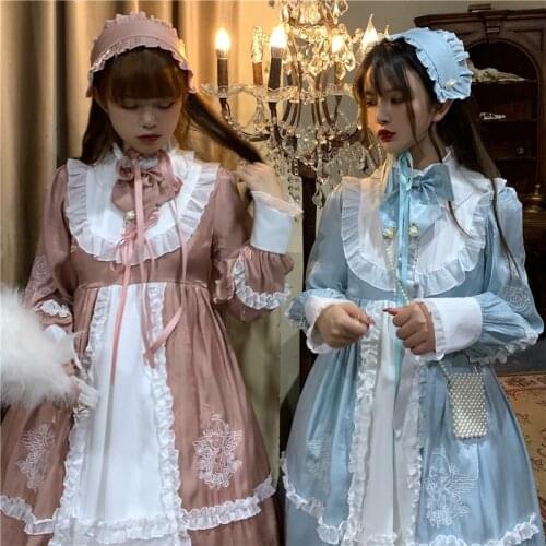 Kawaii Loli Girls Blue Pink Long Sleeve Embroidery Lolita Op Dress With Headband French Elegance Sweet Harujuku Cosplay Costume