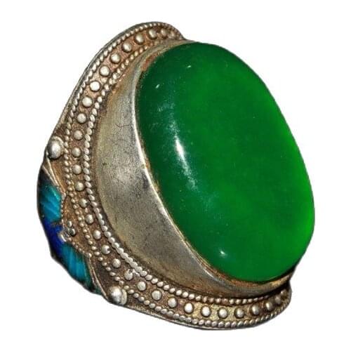 China Old Tibetan Silver Inlaid Emerald Blue Burning Ring Ornament