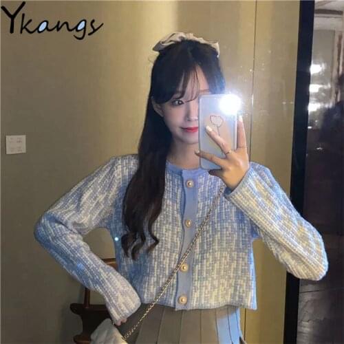 Korean Fashion Short Round Neck Knitted Top Y2k Long-sleeved Single-breasted Womens Cardigan 2021 All-match Slim Ladies Jacket