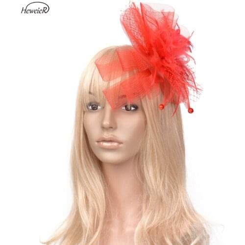 Red Ivory Yellow Purple Fascinators Mesh Feather Rhinestone Hair Clips Headdress Headwear Bridal Wedding Party Accessories Gift