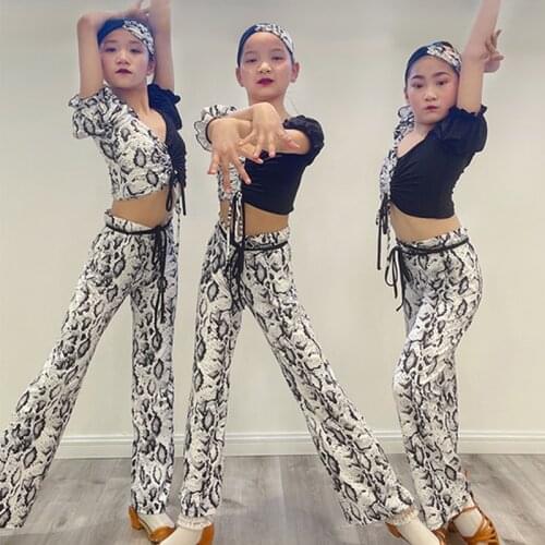 Kids Latin Dance Costume Set Girls Latin Tops Pants Fashion Snake Print Samba Class Latin Practice Wear Competition Suit BL5584