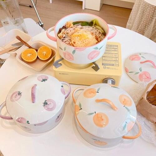 Hand-painted bubble noodle bowl one person eats large ceramic bowl with cover dry rice mans bowl hand-painted peach bowl