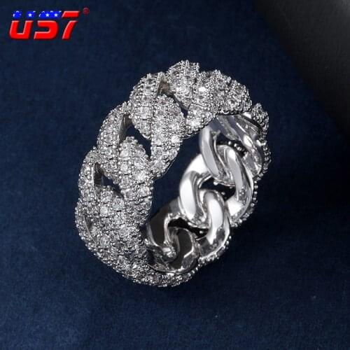 US7 New Cuban Link Rings For Men Micro-paved Bling CZ Stones Ring For Hip Hop Punk with Exaggerated Street Artist Style