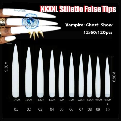 6.9-9.3CM XXXL Vampire False Tips 12/60/120 Stiletto Fake Nails For Salon,Show,MV Fingertips Lengthen Half Ghost Nail False 0-11