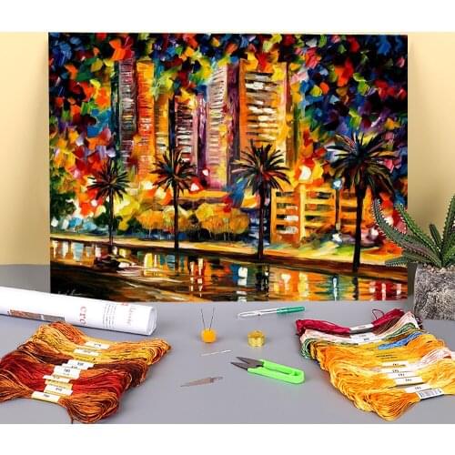 The Night Lights Miami Printed Fabric 11CT Cross-Stitch Full Kit DIY Embroidery DMC Threads Sewing Handiwork Stamped