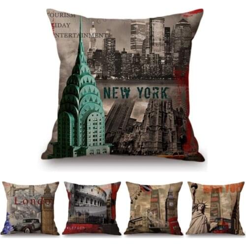 Nostalgic New York Statue of Liberty Big Ben Colosseum Vintage Post Stamps Style Home Decorative Pillow Sofa Cushion Cover Case