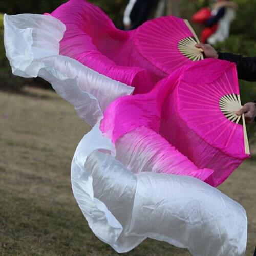 Newest 100% Chinese Silk Belly Dance Fans Veils Pink/White 180cm length Bellydance real Silk Fans