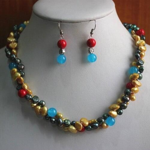 Wholesale 2 rows mixed colors fresh water shell pear necklace+14mm greenNatural Stone earring and necklace pendant jewelry set