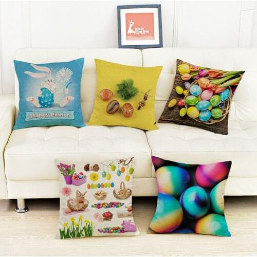 The Easter Bunny Rabbit Colorful Eggs Cartoon Image Print Throw Pillow Case Home Sofa Festival Decoration Cushion Cover 45x45cm