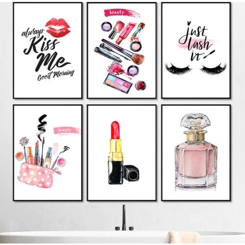 Lipstick Eyelash Perfume Fashion Makeup Nordic Posters And Prints Wall Art Canvas Painting Wall Pictures For Living Room Decor