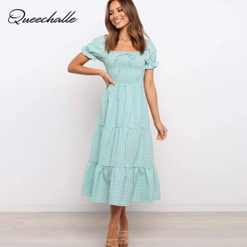 Blue Green Plaid Dress Womens Casual Bow Elastic Square Neck Short Sleeve Pleated Dress Summer A-line Midi Length Dresses Party