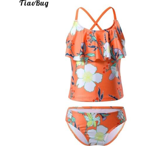 TiaoBug Summer 2Pcs Girls Kid Ruffle Neck Spaghetti Shoulder Straps Criss Cross At Rear Floral Pattern Tankini Swimsuit Swimwear