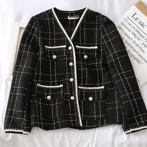 Fragrance Jacket Black Outerwear Fall Winter Coat 2021 Fashion Plaid Womens Wool Blends Jacket Coat Single Breasted Tweed Small