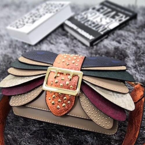 Women New Designer Colors Panelled Flap Shoulder Bags 2020 Fashion Ladies Small Packing Rivets Sling Crossbody Bag