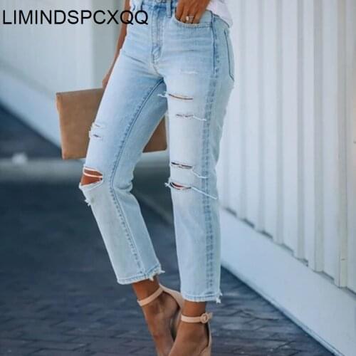 Jeans Woman High Waist Water Wash Whiten Hole Harajuku Straight Cropped Trousers 2021 Fashion Vintage Clothes Denim Pants Ladies