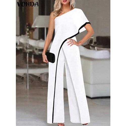 Wide Leg Rompers Casual Palazzo Pantalones VONDA 2021 Loose Solid One Shoulder Jumpsuits Office Overalls Femme