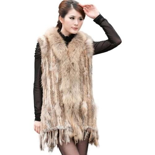 Women Genuine Natural Real rabbit fur Knitted Vests/Waistcoat/gilet coats with tassels Raccoon Dog Fur collar Long style
