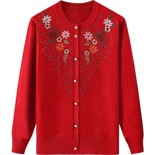 Middle-aged Mother Knit Cardigan Sweater Jacket Spring Autumn O neck Embroidery Sweater Plus Size Womens Knitwear Tops 4XL 2166
