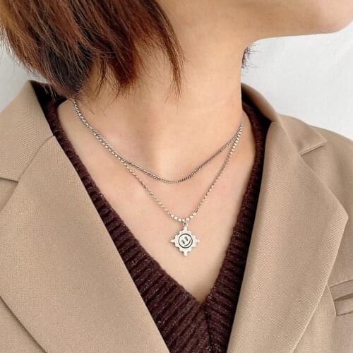 925 Silver Womens Necklace Personality Double-layer Smiley Square Brand Chain Simple Punk Style Handmade Clavicle Chain Jewelry