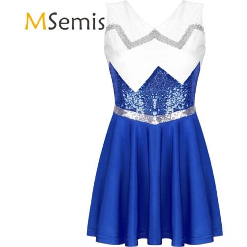 MSemis Women Ice Figure Skating Dress Adult Cheerleader Costumes Uniform Shiny Sequins Flared Short Dress Performance Costume