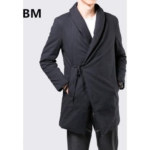 Winter Chinese Style Long Coat 2020 Retro Cotton Linen Warm Jacket Men Clothing Black Thick Hanfu Harajuku Tops Male