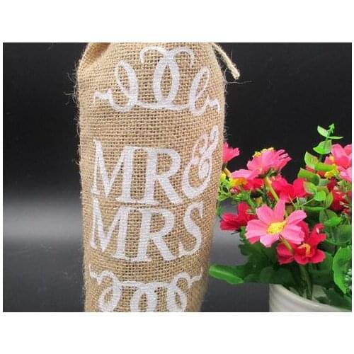 10pcs/Lot MR & MRS Burlap Jute Wine Bottle Bag Champagne Sleeve Holder Gifts Bags rustic vintage wedding decoration centerpieces