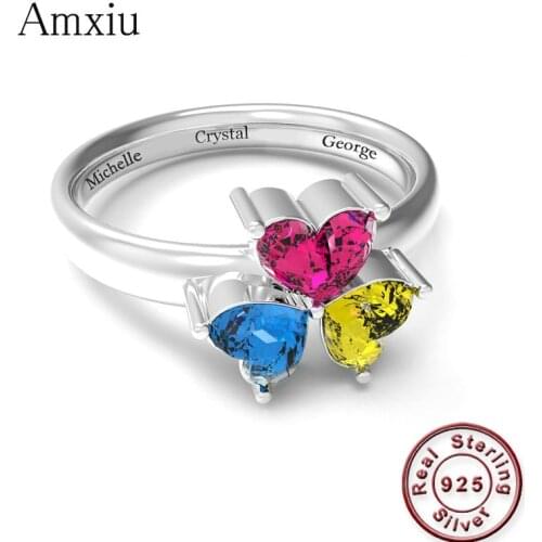 Amxiu Personalized Gift 925 Silver Jewelry Custom Engraved Names Rings For Women Anniversary Rings with Birthstones Zircon Ring