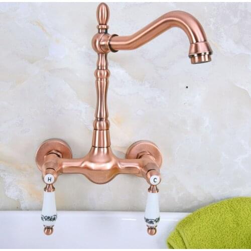 Antique Red Copper Brass Wall Mounted Bathroom Kitchen Sink Faucet Swivel Spout Mixer Tap Dual Ceramics Handles Levers anf952