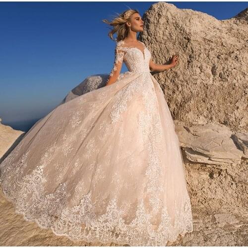 Princess Long Sleeve Ball Gown Wedding Dresses Vestido De Noiva Princesa Pearls Appliques Lace Shiny Dress wedding gowns bridal