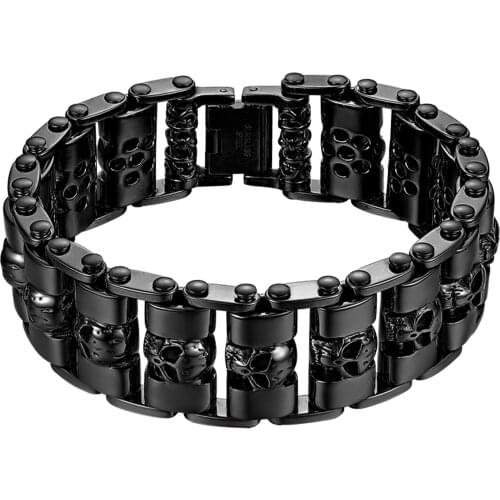 BONISKISS Fashion Men Biker Bicycle Motorcycle Chain Bracelet Stainless Steel Biker Skull Bracelet Black Polished Bracelet Men