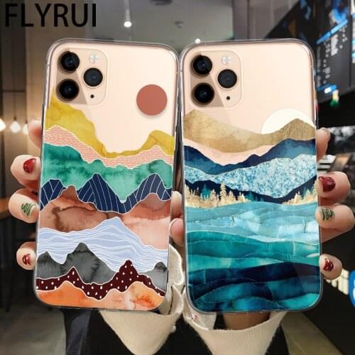 Abstract Art Mountain Waves Sun Pattern Phone Case For iPhone 12Mini 11 Pro Max X XR XS 7 8 6 6s Plus Transparent Silicone Cover