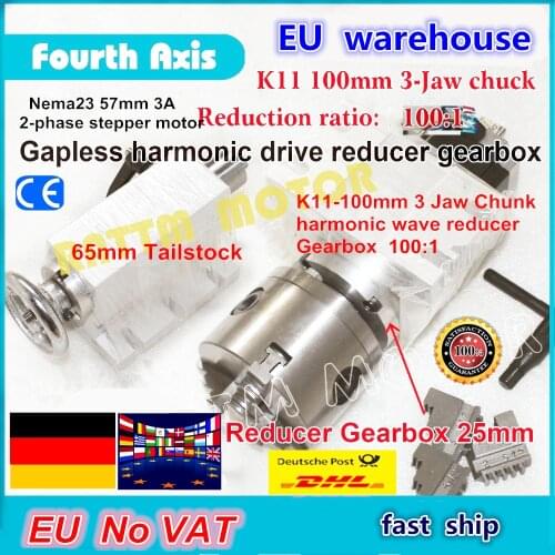 DE ship/free VAT 4th rotary axis Gapless harmonic reducer Gearbox 3 jaw K11-100mm dividing head&Tailstock for CNC ROUTER MACHINE