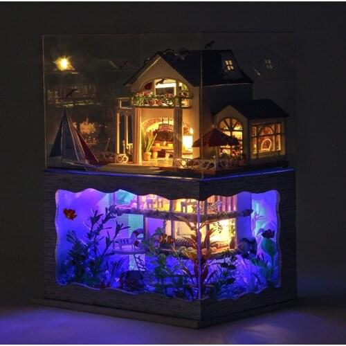 Dollhouse Furniture Wood Hawaii Villa Dustproof Cover 3D Puzzle Playset Toy