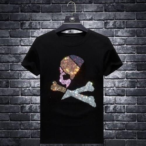 Size Plus 7XL 2021 Rhinestones Skulls T Shirts Men Brand Short Sleeve Fashion Man Streetwear O Neck Slim Modal Cotton Tshirts