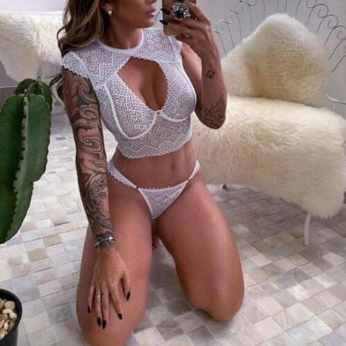 2PCS Womens Sexy Lingerie Set Lace See-through Hollow Out Bustier Crop Top+ Low Waist Panties Sleepwear Nightwear
