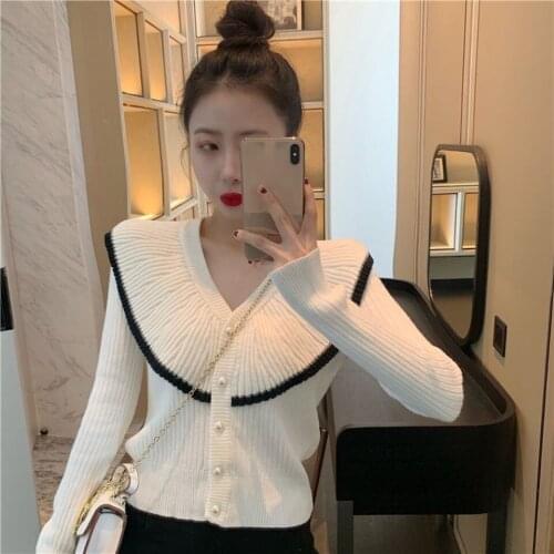 Korobov Korean Elegant Women Knit Cardigans New Autumn Outwear Peter Pan Collar Hit Color Patchwork Cardigan Female Sweaters