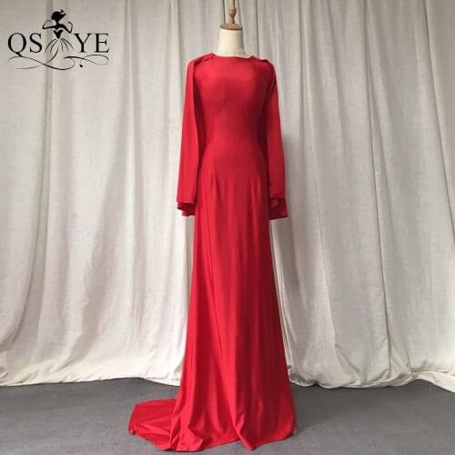 Red Evening Dresses with Long Shawl Spandex Party Dress Jacket Flatter Long Sleeves Women Formal Dress Stretch Prom Gown