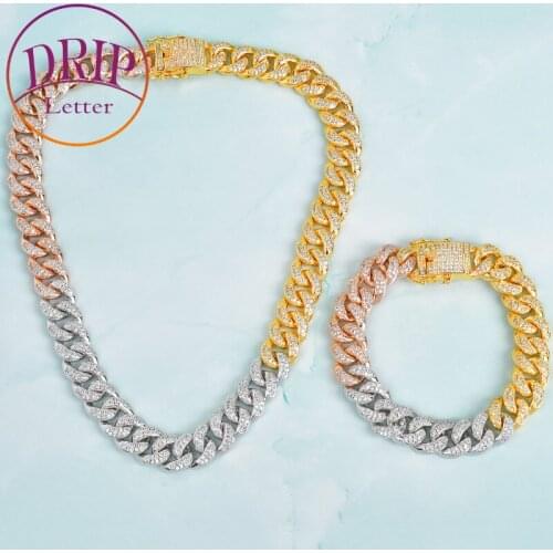 12mm Mixed Color Cuban Necklace With Bracelet Hip Hop Jewelry Bling Copper Material CZ For Mens Necklace Set