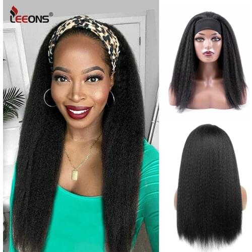 Leeons New Headband Wig Synthetic Hair Brazilian 16inchKinky Straight Hair Wigs For Black Women Glueless Afro Kinky Straight Wig