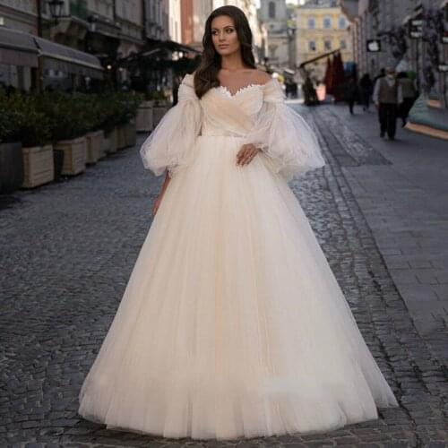 Light Champagne Wedding Dress 2021 Puff Sleeve Wedding Gowns Tulle Lace Vestido De Noivas Princesa Bride Dresses Beach Rustic