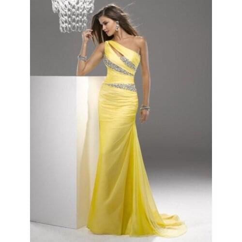 Hot! Free Shipping One-Shoulder Sleeveless Sheath Chiffon Yellow Sexy Women Evening Dress 2015 Long Prom Party Gowns ZM602