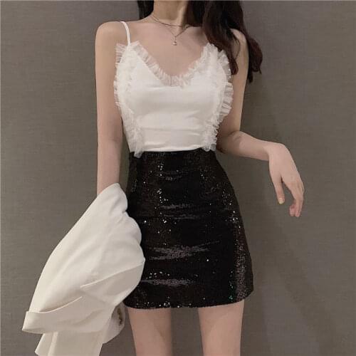 Women Tanks Tops Mesh V-neck Patchwork Small Sling Vest Female 2021 Summer Sleeveless T-shirt Top Camis Crop Top For Women