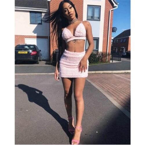 Cute Women Girls Pink skirts Suits Kawaii Sleeveless Fluffy Spaghetti Strap Party Club Streetwear Bandage