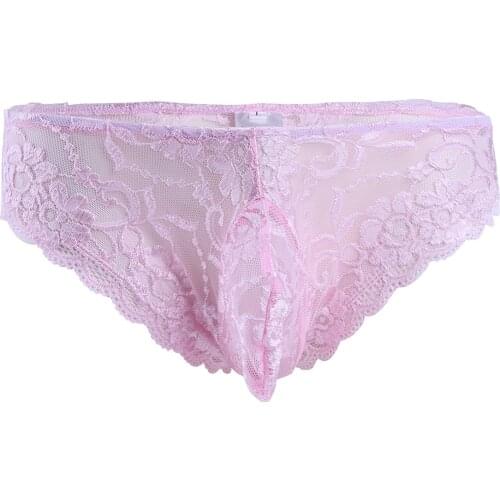Men Sissy Sexy Lingerie Briefs Lace Floral Bulge Pouch Low Rise See Through Bikini Panties Underwear Gay Underpants Nightwear