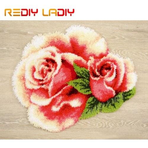Latch Hook Kits Make Your Own Rug Pink Roses Tapestry Crochet Cushion Mat DIY Carpet Rug Set Pre-Printed Canvas Hobby & Crafts