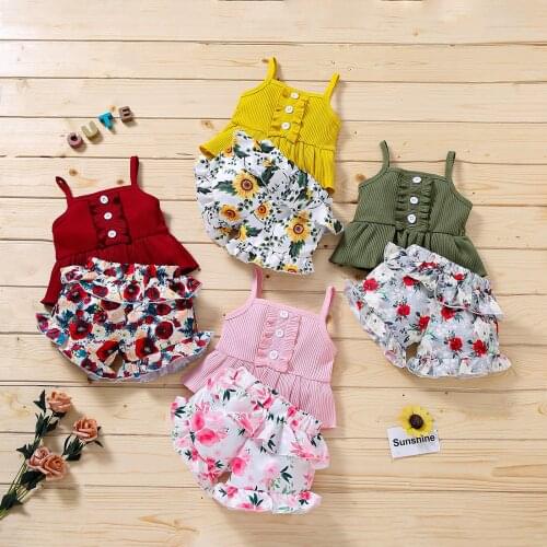 New Summer Baby Girls Set Cute Sling Knit Tops + Flower Print Shorts for 6-24 Months Newborn Baby Girl Holiday Beach Party Suit