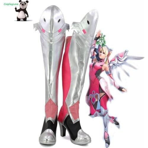 OW Game Pink Mercy Charity Skin Mercy Angela Ziegler Pink Silver Cosplay Shoes Boots Newest Custom Made For Halloween