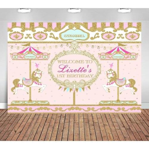 Personalized Welcome Birthday Gold Pink Carousel Carrousel Custom Photo Studio Backdrop Background Photography Vinyl Banner
