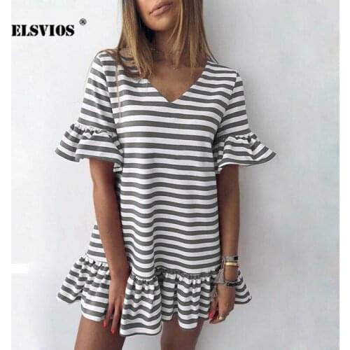 ELSVIOS Girls Kawaii Striped Short Mini Dresses 2019 Casual Summer Dress Women Sexy V Neck Flare Sleeve Ruffle Dress Vestidos